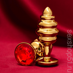 Анальная пробка "Пчёлка", золотая, с красным кристаллом, D = 29 мм